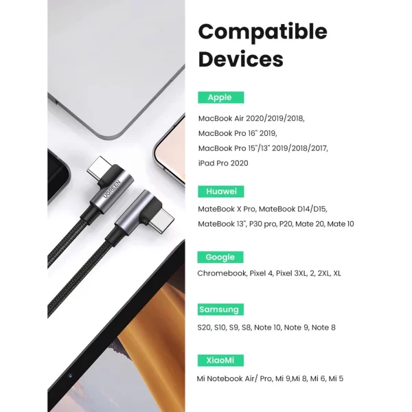 UGREEN สายเคเบิล USB C เป็น USB C หัว 90 องศา กำลังไฟ 100W 5A - Image 6